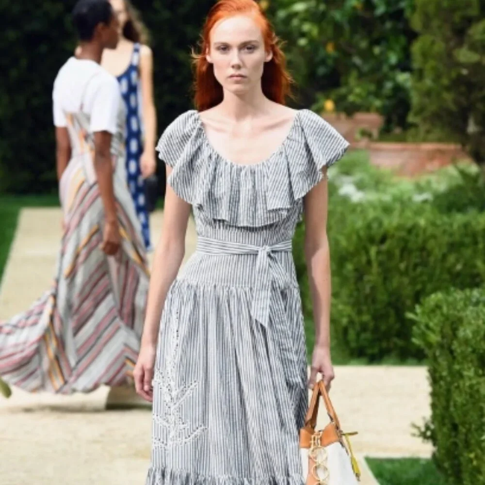 NWOT Tory Burch Summer 2019 Runway Stripe Eyelet Embroidered Maxi Dress S $548